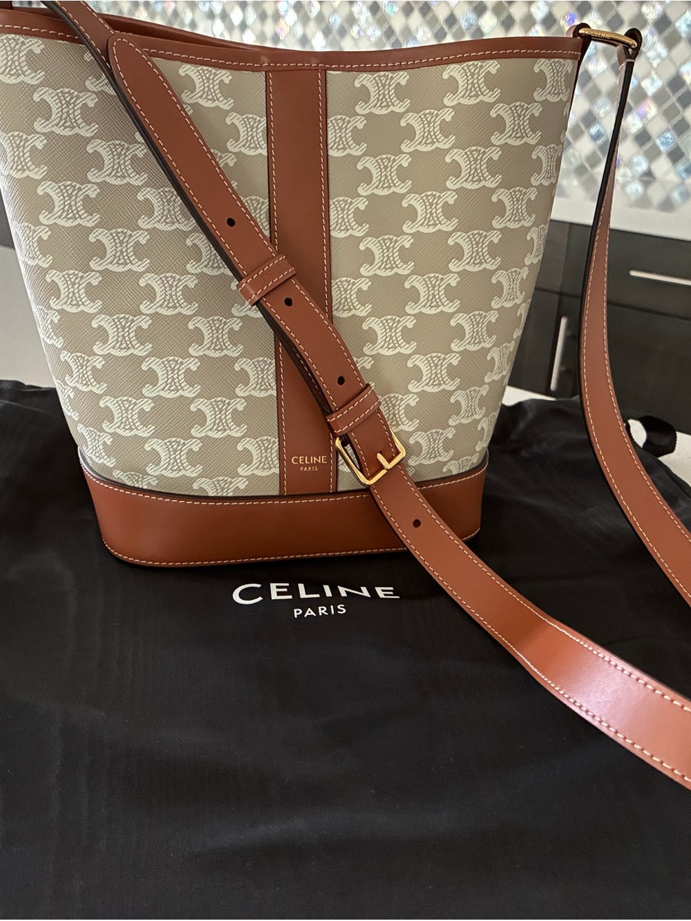 Celine Beige Monogram Canvas & Brown Leather Bucket Shoulder Bag